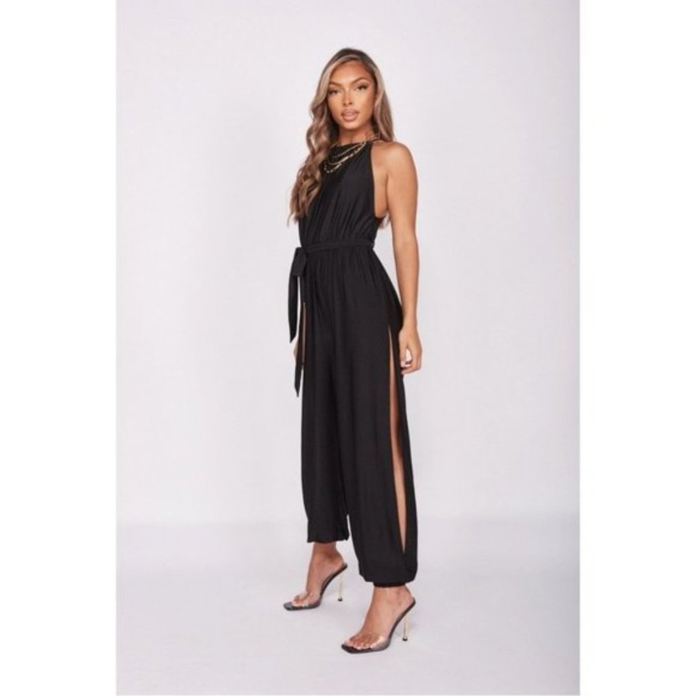 Black Sleeveless Side Slit Belted Jumpsuit Playsuit - Picture 3 of 11